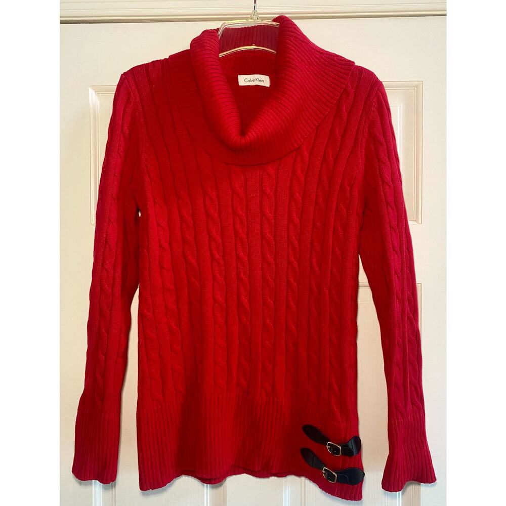 Calvin Klein Womens Cable Knit Turtleneck Tunic Sweater Red Cotton